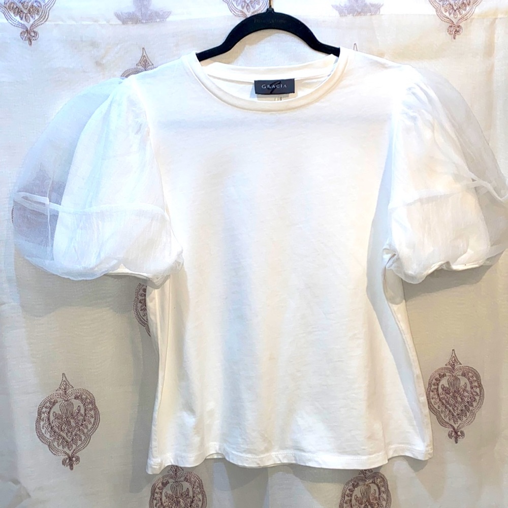 GRACIA WHITE SCOOP-NECK SHORT BALLOON SLEEVE TEE SZ L